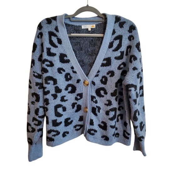 C & C California Blue Leopard Print V-Neck Cardigan Large - Picture 1 of 15